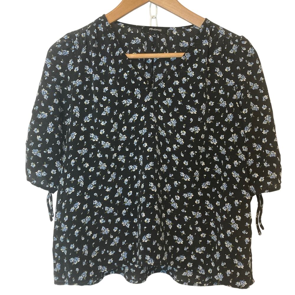 Madewell Blue Prairie Floral Short Half Sleeves Gathered Tie V-Neck Blouse Top